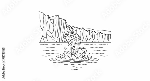 Icebergs calving into ocean waves, abstract line art