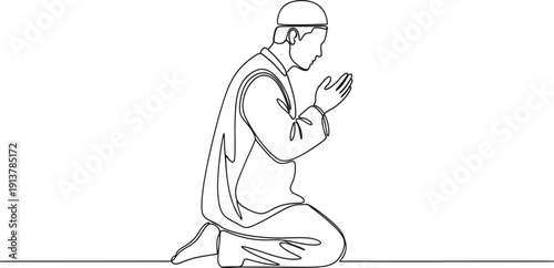Continuous single line drawing of a Muslim person sitting and praying, Ramadan Kareem worship concept vector illustration
