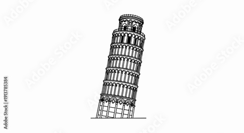 Iconic tilted tower, a striking architectural marvel, rendered in a simple outline