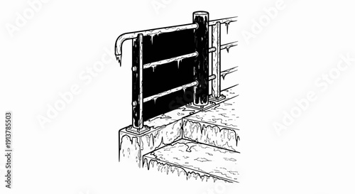 Icy handrail and steps create a hazardous winter walkway, illustrating cold weather