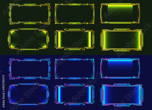 Vector set of bright glowing computer chip frames. Cyberpunk border collection. Luminescence and glow. Yellow and blue patterns. Abstract neon portal. Futuristic high technology. Geometric samples