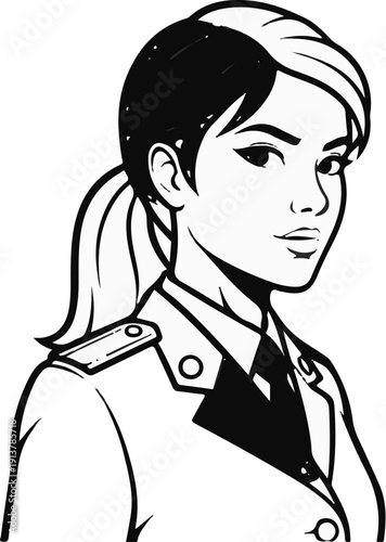 Illustration of a woman with a ponytail wearing a uniform with a tie