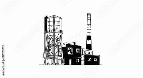 Illustration of an old industrial factory with a water tower and smokestack