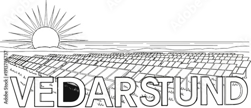 Illustration of a solar farm at sunrise