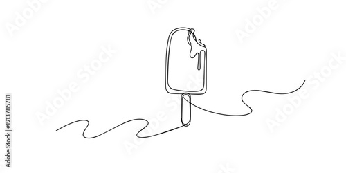 Line art illustration of a melting popsicle on a stick. Hand drawn continuous line representing frozen dessert, summer refreshment, and simple sweet treat.