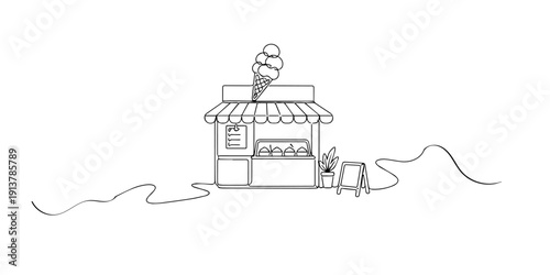 Line art illustration of a small ice cream shop with awning and display. Hand drawn continuous line representing dessert store, street food, and sweet business concept.