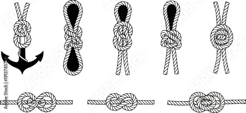 Illustrations of various nautical and binding knots, including an anchor