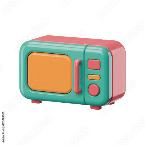 Vintage turquoise microwave oven with pink buttons isolated on transparent background