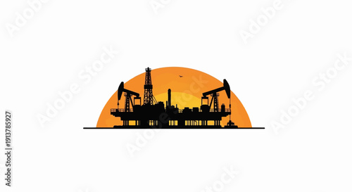 Industrial offshore platform silhouette against a bright sunset