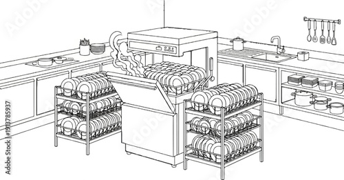 Industrial kitchen with a commercial dishwasher and stacked dishes