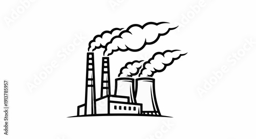 Industrial power plant with cooling towers emitting smoke and steam