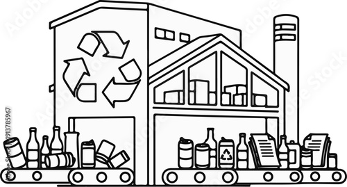 Industrial recycling facility with conveyor belts processing bottles and cans