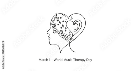 World Music Therapy Day illustration with musical notes and heart