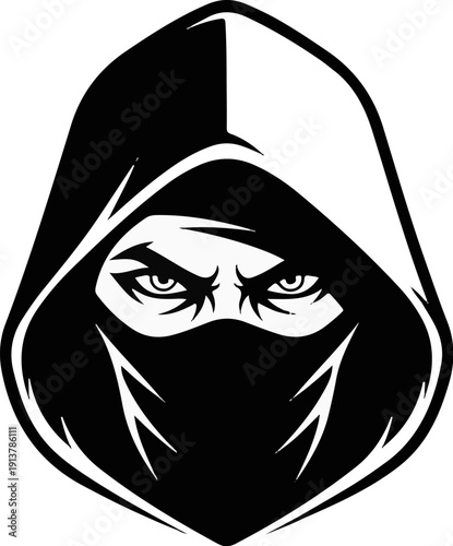 Intense hooded figure with covered face, intense eyes visible