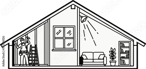 Interior of a house under construction with a worker and a finished living space