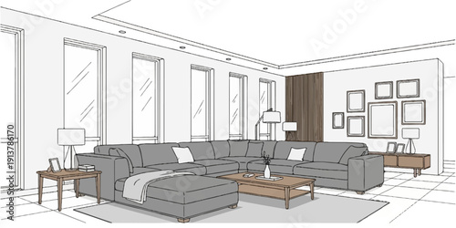 Interior sketch of a modern living room with sectional sofa and artwork
