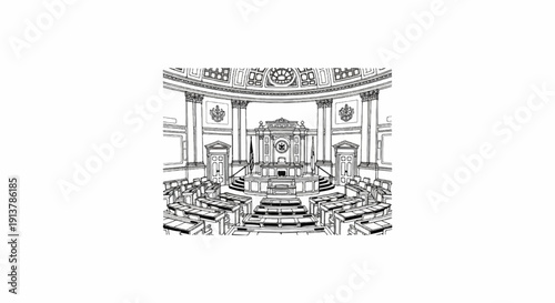 Interior of a grand assembly hall with tiered seating