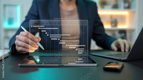 Woman interacts with holographic digital interface projected from laptop. Virtual documents float in transparent display. Modern technology enables paperless workflow, created with generative ai