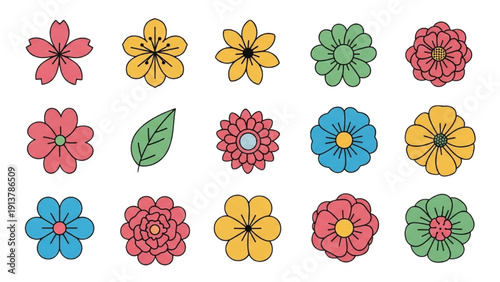 Collection of colorful flowers arranged in a grid pattern on a clean background viewed from directly above