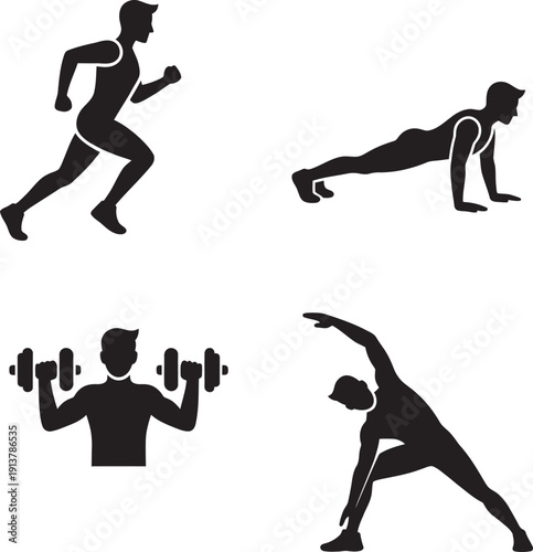 A male character running and doing a workout while using a fitness tracker mobile app interface for health monitoring and exercise tracking.