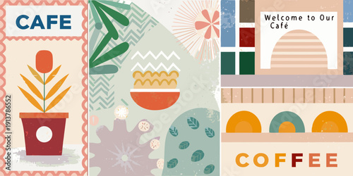 Abstract cafe illustration with plants geometric shapes and welcoming text