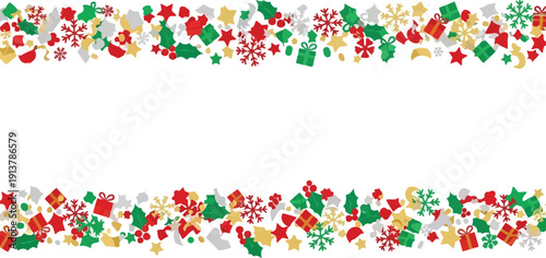 Festive border with snowflakes and gift boxes surrounding a blank space, viewed from directly above, featuring holiday decorations