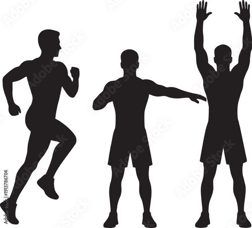 Fit male character running and exercising with a fitness tracker mobile application interface overlay on a white background.