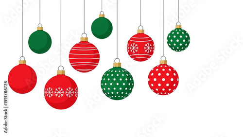 A collection of Christmas ornaments hanging from above in festive patterns and colors