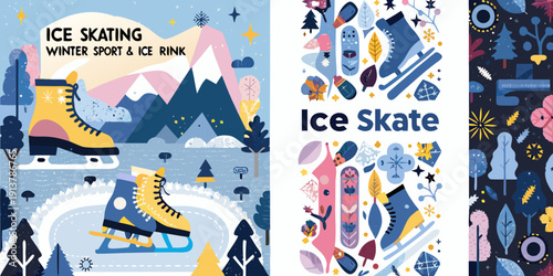 Colorful illustration featuring ice skating skates and winter scenery