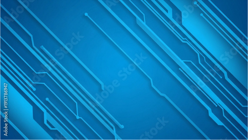Futuristic circuit board design with glowing blue lines and pathways on a dark blue background from a top-down viewpoint