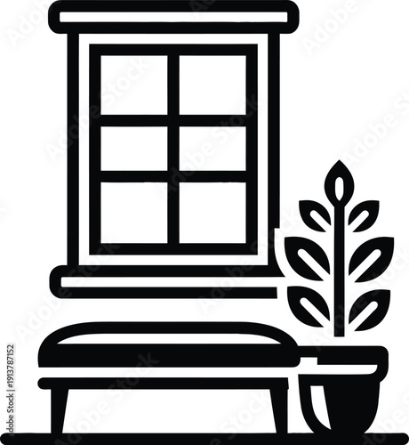 Minimalist interior icon featuring a cozy window seat with a cushioned bench and a potted plant for home decoration and relaxation concepts.