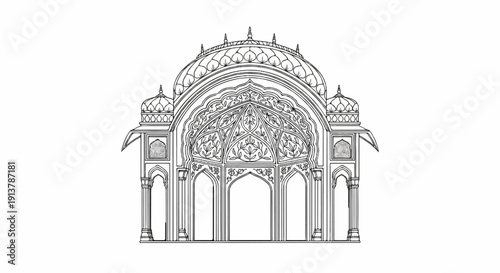 Intricate Indian-inspired architectural facade with arched doorways and domes