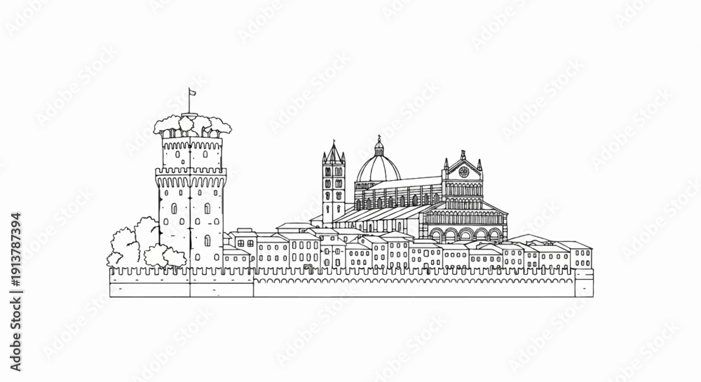 Fototapeta premium Line drawing of an Italian cityscape featuring a tall tower and a domed cathedral