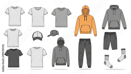 Collection of various clothing items and accessories displayed together in a graphic illustration from a front viewpoint