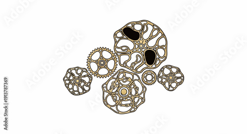 Intricate steampunk gears and mechanical cellular structures on a white background