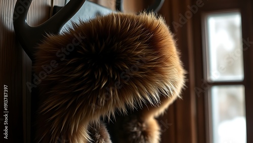Deep brown bearskin ushanka hat resting on a dark wooden coat rack. wildlife magazines, conservation campaigns, designed for wildlife conservation campaigns and eco-tourism storytelling.