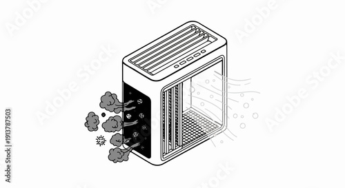 Isometric illustration of an air purifier filtering dirty air into clean air