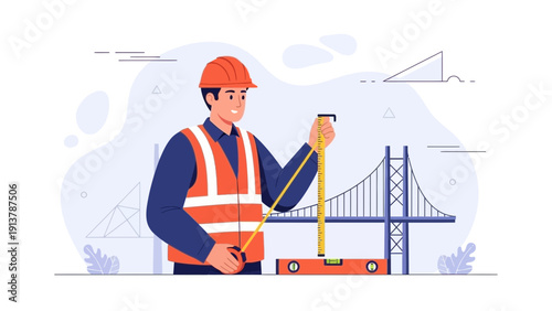 Construction worker measuring bridge structure with tape measure and level tool