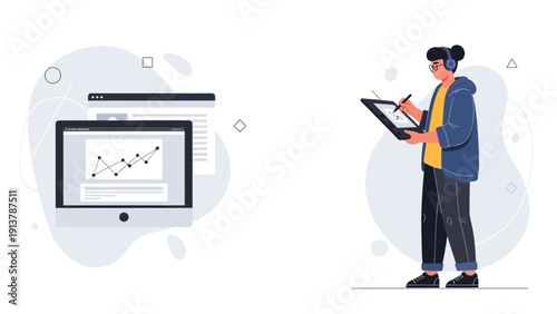 Creative Designer Working on Digital Tablet with Data Analytics on Screen