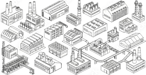 Isometric line art drawings of various industrial factory buildings