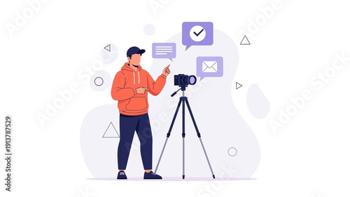 Content Creator Filming with Camera and Speech Bubbles - Modern Illustration