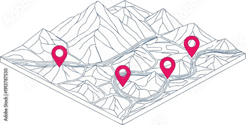 Isometric map with four prominent pink location pins on winding roads through mountains