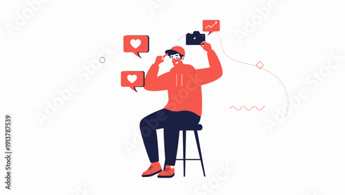 Creative Influencer with Camera, Social Media Likes and Growth Icons