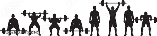Black silhouettes of men lifting weights in various positions also transparent background barbells