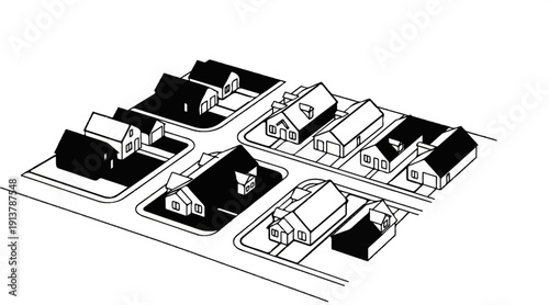 Isometric view of a suburban neighborhood with diverse houses