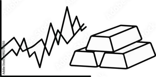 Jagged line graph shows fluctuating trends next to a stack of bullion bars