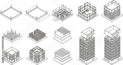 Isometric view of building construction stages, from foundation to completion