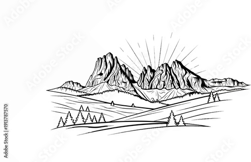 Jagged peaks bathed in radiating sunlight over rolling hills and sparse trees
