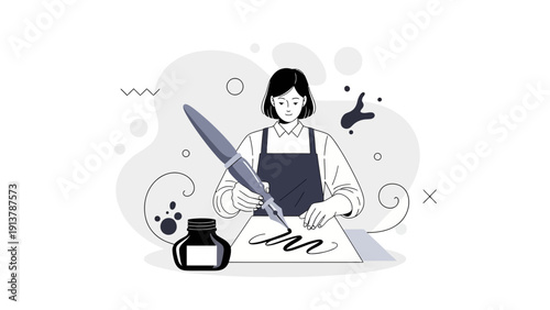 Creative Woman Writing with Quill Pen and Ink Bottle, Illustration