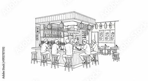 Japanese restaurant interior with patrons and chef at counter